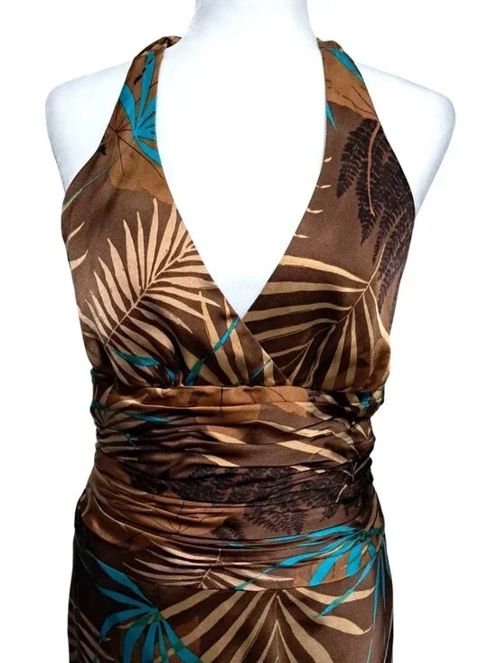 Jones New York Silk Halter Dress Womens Size 8 Brown Tropical Print Ruched Waist - Picture 3 of 9